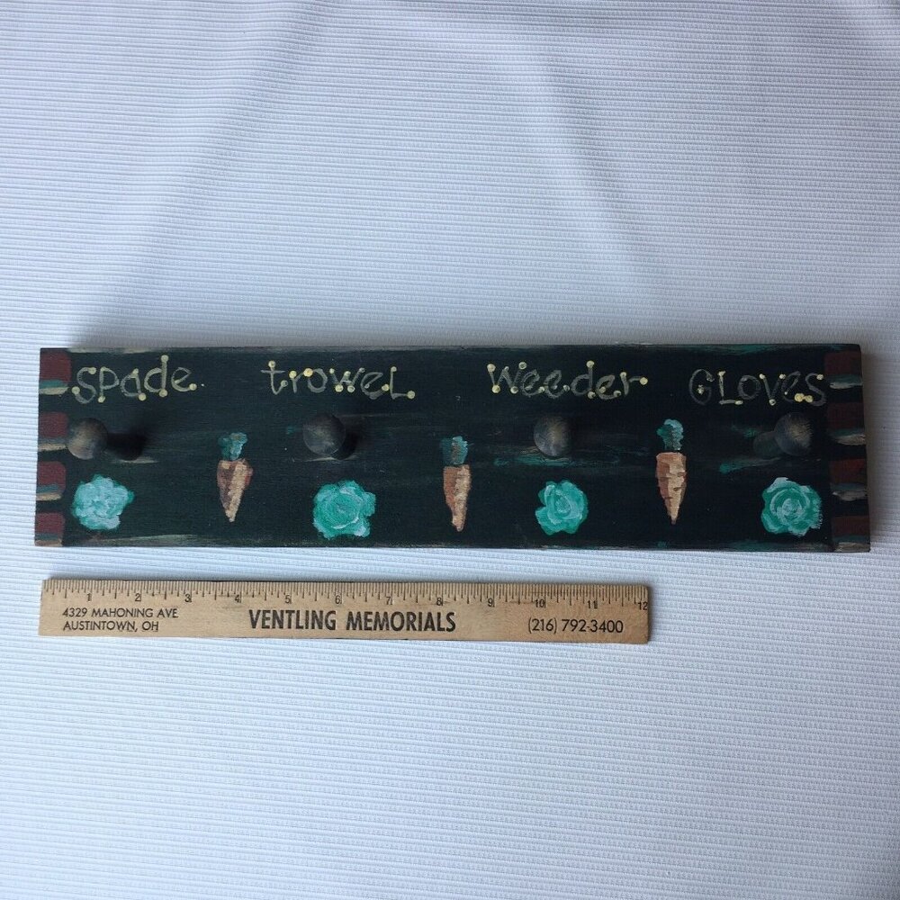 Garden Lover Gift Wooden Tool Rack Handmade Craft Wall Hanging Painted 4 Hooks